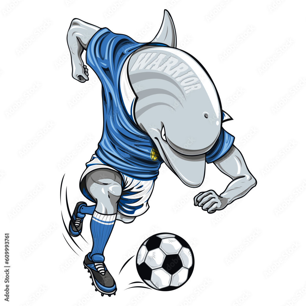 Dolphin soccer player with orange shorts and blue t-shirt, running with the ball. Soccer player dolphin mascot of a soccer team. Sport illustration concept.