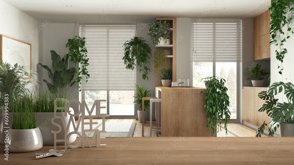 Fototapeta premium Wooden table, desk or shelf with potted grass plant, house keys and 3D letters home sweet home, over white living room and kitchen, architecture interior design, urban jungle
