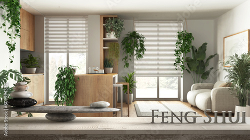 Wooden vintage table shelf with pebble balance and 3d letters making the word feng shui over minimal kitchen and living room with many houseplants  urban jungle interior design