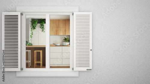 Exterior plaster wall with white window with shutters  showing interior minimal kitchen   blank background with copy space  architecture design concept idea  mockup template