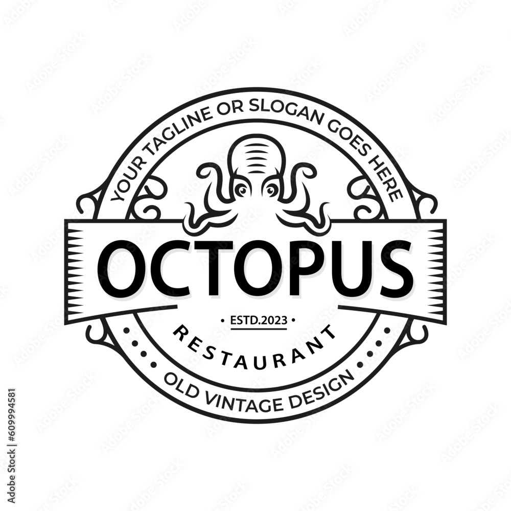 Template for logo, label and emblem with white octopus silhouette. Vector illustration Seafood Restaurant logo, poster template. Vintage emblem template for Seafood Restaurant
