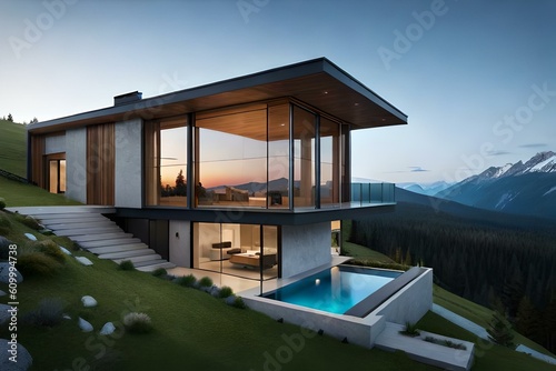 A beautiful house of exterior on top of mountain surrounded with beautiful landscapes  Ai Generated 
