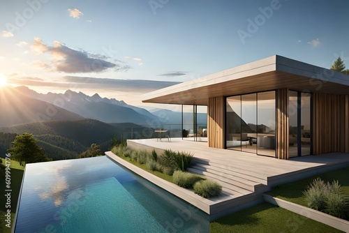 A beautiful house of exterior on top of mountain surrounded with beautiful landscapes, Ai Generated  © Mehram