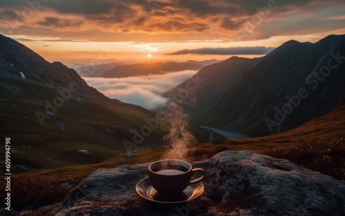 A beautiful landscape of mountains with a cup of coffee on a rock suggests peace. AI generated