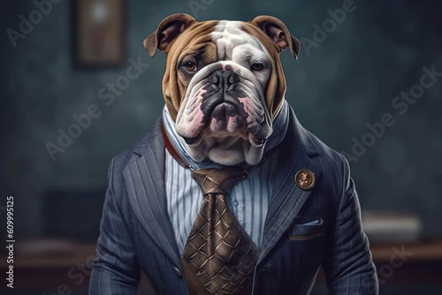 Portrait of a Bulldog dressed in a formal business suit, created with generative AI