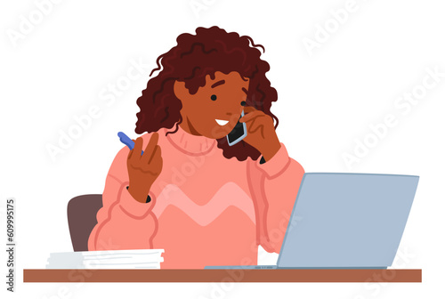 Multitasking Woman Character Working On Laptop And Making A Phone Call Simultaneously, Efficiently Managing Tasks
