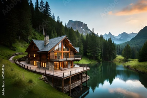 A beautiful house of exterior on top of mountain surrounded with beautiful landscapes, Ai Generated  © Mehram
