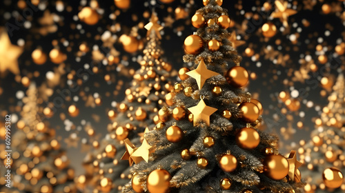 Multiple Christmas trees decorated by golden round and star shaped ornaments, Generative AI