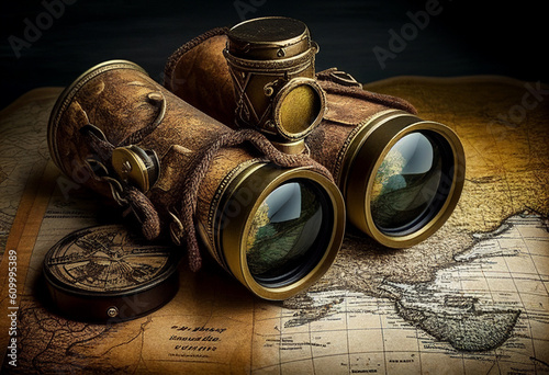 Pirate binoculars lie on old maps. AI Generated