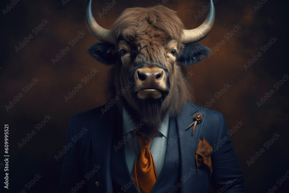 Portrait of a Buffalo dressed in a formal business suit, created with generative AI