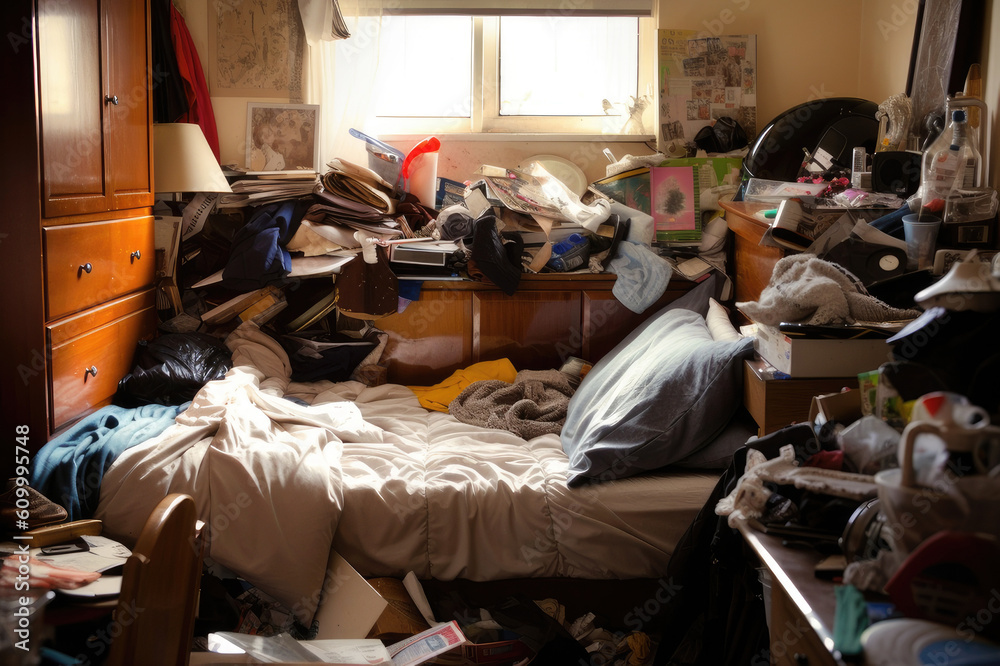 messy dirty room. compulsive hoarding disorder. mental health problems. generative AI - obrazy, fototapety, plakaty 