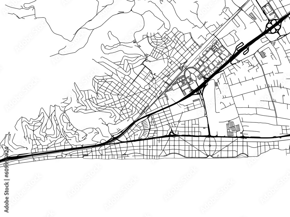 Vector road map of the city of  Castelldefels in the Spain on a white background.