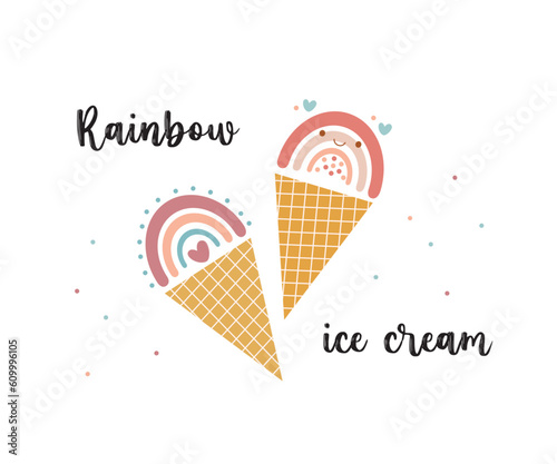 Rainbow ice cream in boho style. Kawaii rainbow in waffle cup cone. Design print illustration for poster  card. Vector