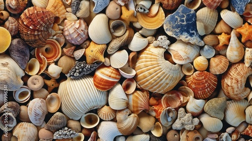 Illustrations showcase intricate seashell patterns, beachcombing, or children collecting shells, evoking a sense of wonder and the beauty of natural finds. Generative AI