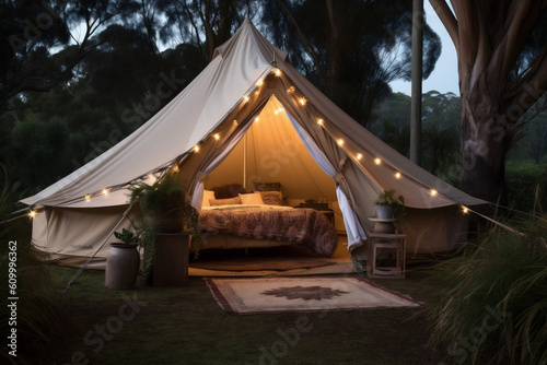 light glamping tent travel vacation camping nature luxury canvas forest. Generative AI.