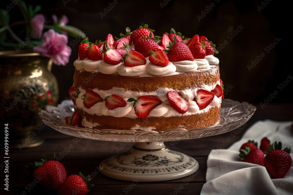 Delicious cake with fruit and berries decoration on gray table, generative ai