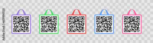 Set of vector frames of qr code and shopping bag vector design. Scanning barcode banner graphic design