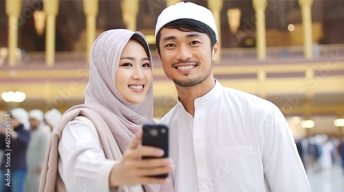 Muslim couple taking selfie with phone showing view of kaaba in Mecca and bustling Muslim people  Generative AI