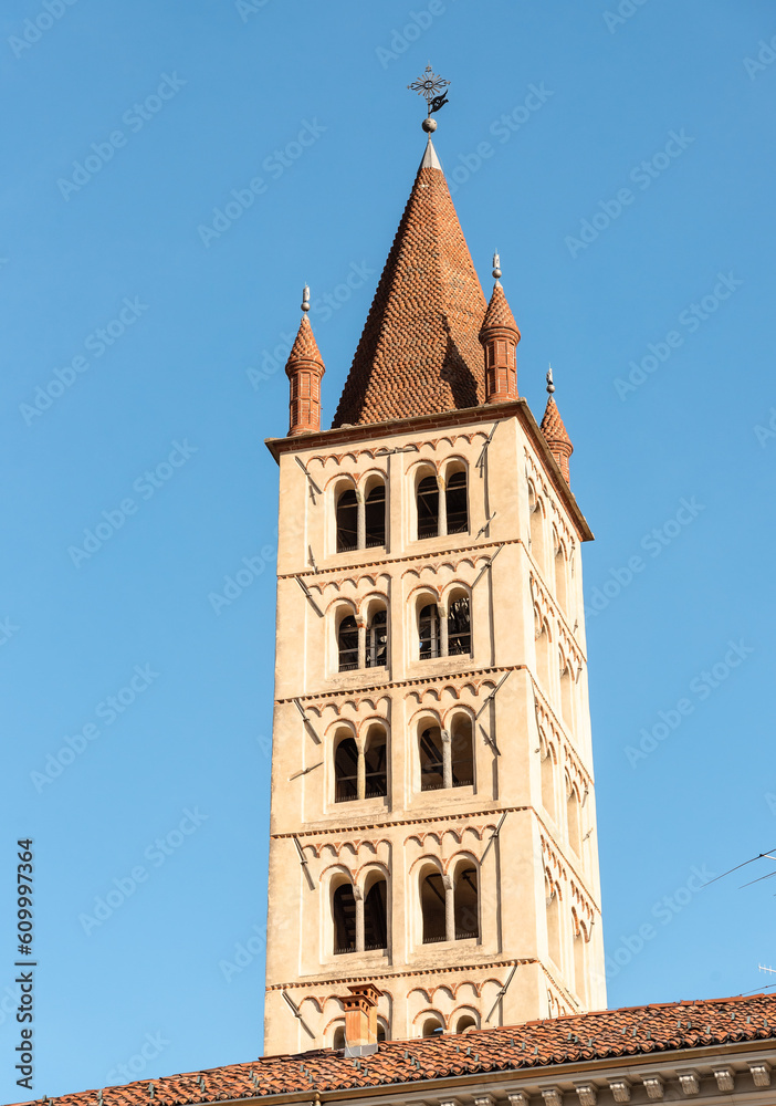View of the Cathedral of Santo Stefano bell tower from the Piazza Duomo in the historic center of Biella, Piedmont, Italy