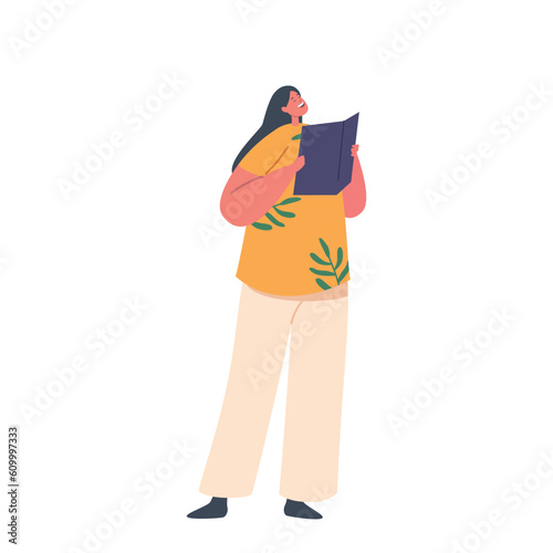 Child Sings Joyfully In A Choral Performance. Isolated Little Girl Character Holding Musical Notes In Hands
