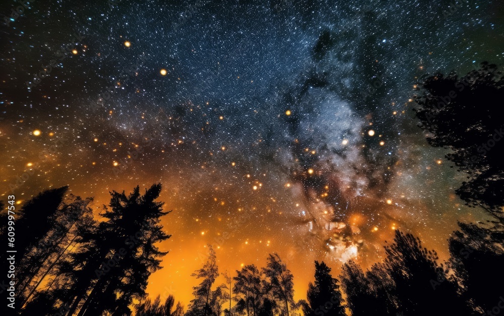 A starry sky stretches overhead the night forest. AI generated