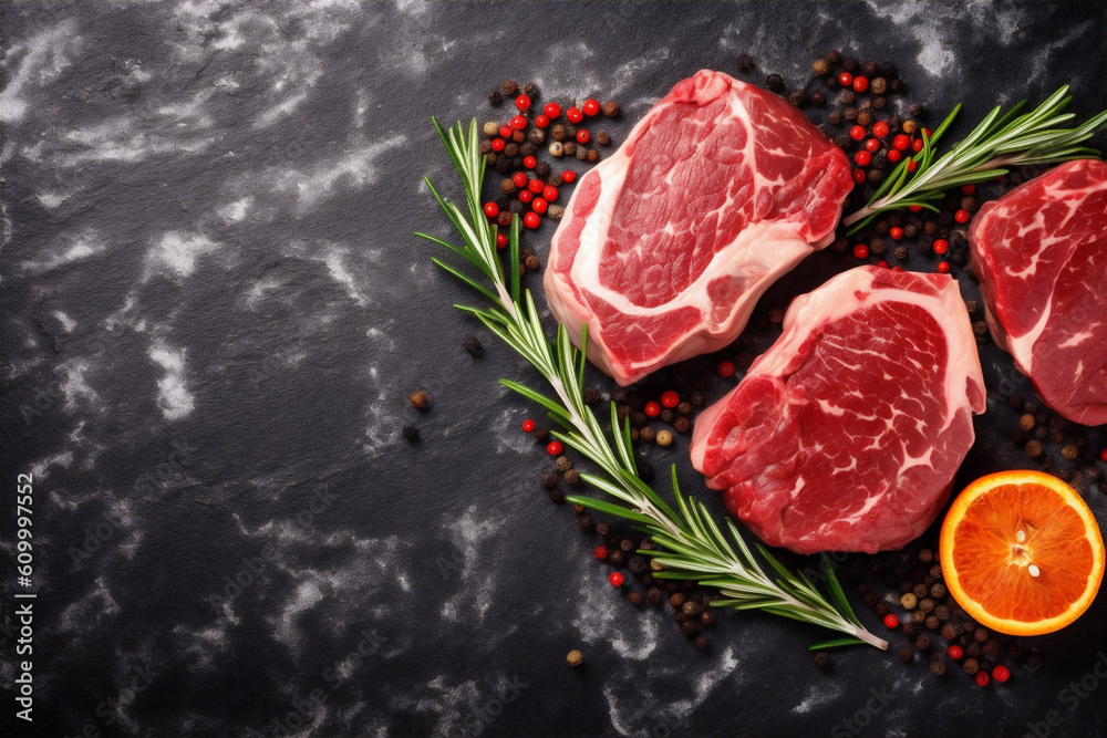 dark beef red background board meat steak fried food grill raw. Generative AI.