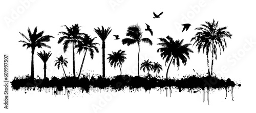 Palm trees silhouette. Coastline. Abstract monochrome blots. Vector illustration