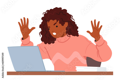 Frustrated Black Woman Character Expressing Anger While Using Her Laptop, Portraying A Mix Of Annoyance And Agitation