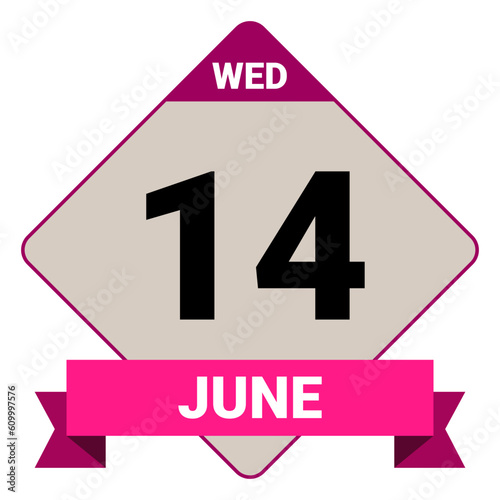 14 June, Wednesday. Date template. Useful design for calendar or event promotion. Vector illustration EPS 10 File. Isolated on white background.