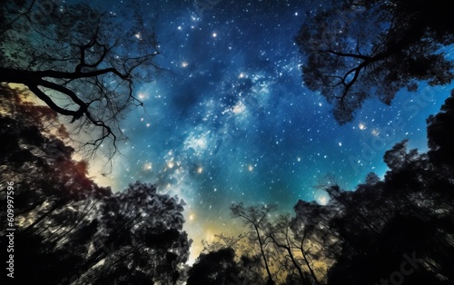 A starry sky stretches overhead the night forest. AI generated