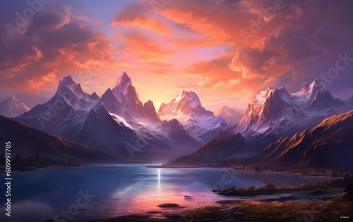 Mountains landscape with crisp mountain air in Sunset. AI generated