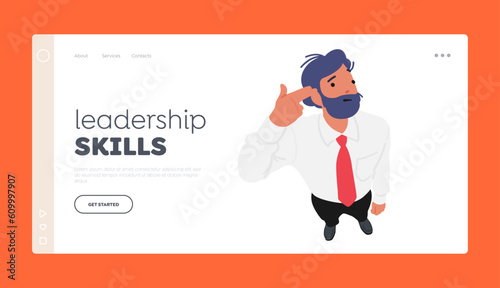 Leadership Skills Landing Page Template. Adult Business Man Looking Up With Finger Gun Gesture, Shooting Himself In Head