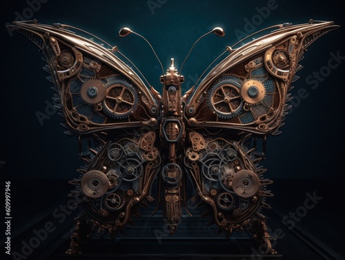 Abstract fantasy colorful mechanical butterfly background created with Generative AI technology.