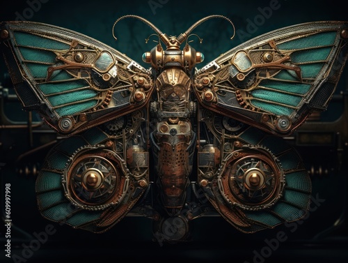 Abstract fantasy colorful mechanical moth background created with Generative AI technology. © Denis Darcraft