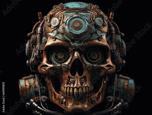 Abstract fantasy colorful mechanical skull background created with Generative AI technology.