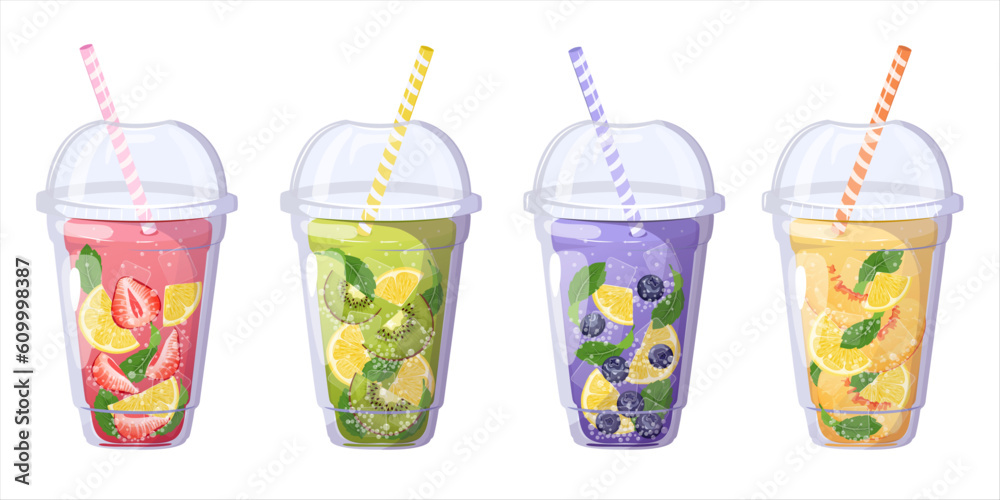 Set with fruits lemonades. Summer refreshing drinks in plastic cup.
Set with fruits lemonades. Summer refreshing drinks in plastic cup.