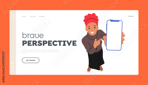 Brave Perspective Landing Page Template. Top View Of A Woman Pointing At A Smartphone Screen, Vector Illustration