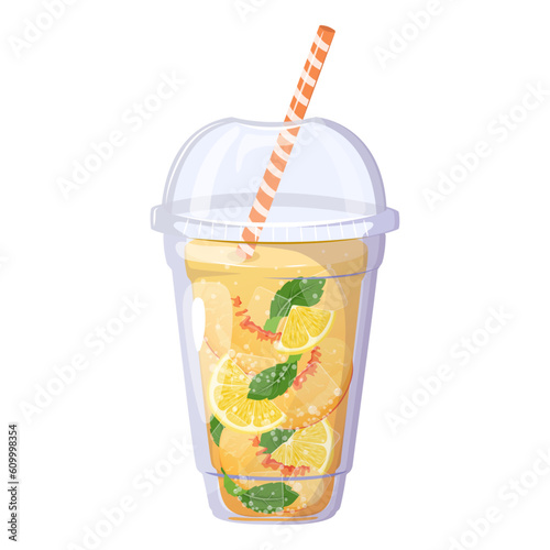 Lemonade with peach, lemon and mint. Summer refreshing drink with peaches and ice in plastic cup isolated on white background. 	