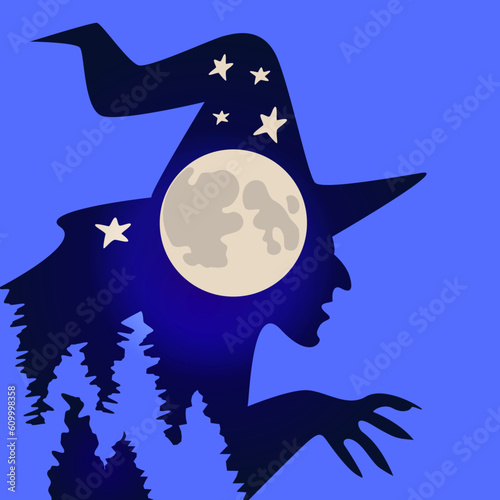 Witch with a hat, moon, stars ans fir trees in blue tons, illustration for halloween celebration