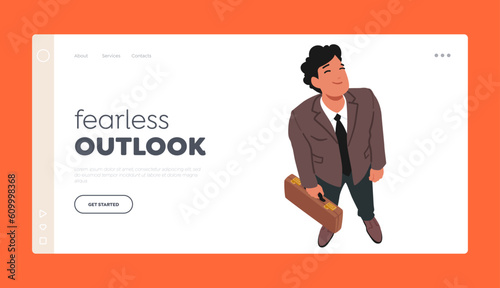 Fearless Outlook Landing Page Template. Male Character Feel Joy, Radiant Smile Spreads Across Of His Face As He Looks Up