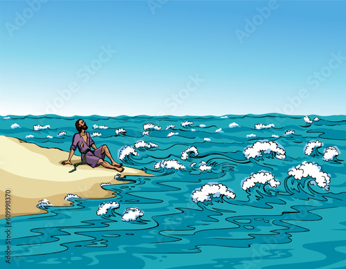 Vector drawing. A man on the shore after a shipwreck