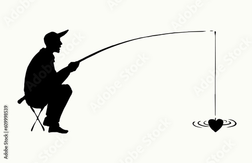 Vector drawing. The fisherman catches the heart