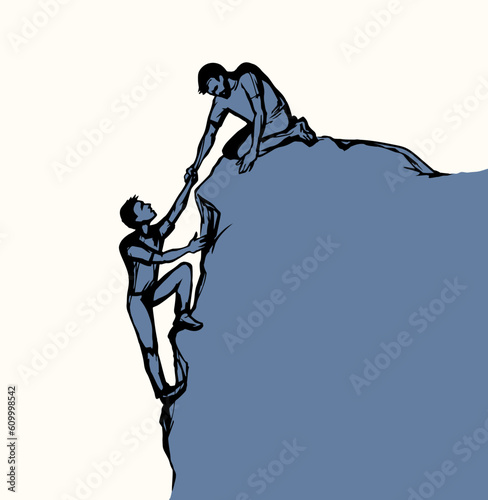 Vector drawing. Man helps his friend