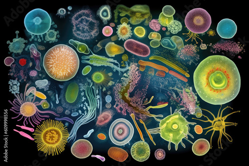 Colorful variety of microorganism inside petri dish plate in laboratory with super macro zoom background, including of bacteria, protozoa, algae, and fungi, with Generative AI. photo