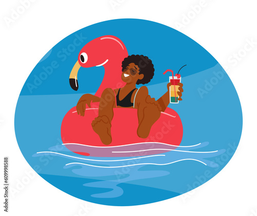 Girl Joyfully Swims In Inflatable Ring with Cocktail, Gliding Through The Water With Excitement And Relaxation,