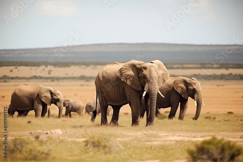 African Elephants family walking in the Savanna park  Animal wildlife habitat in the nature forest  beautiful of life  massive body part  largest mammal  with Generative AI.