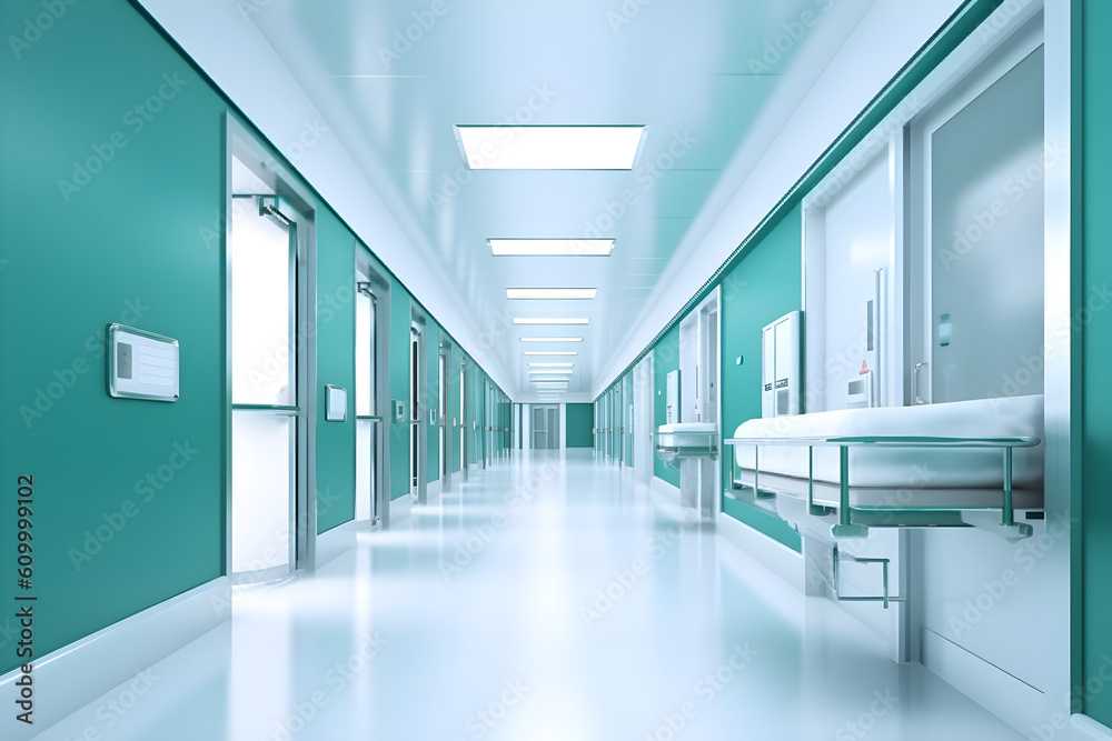 Fototapeta premium Medicine concept. Hospital corridor with rooms. 3D illustratio