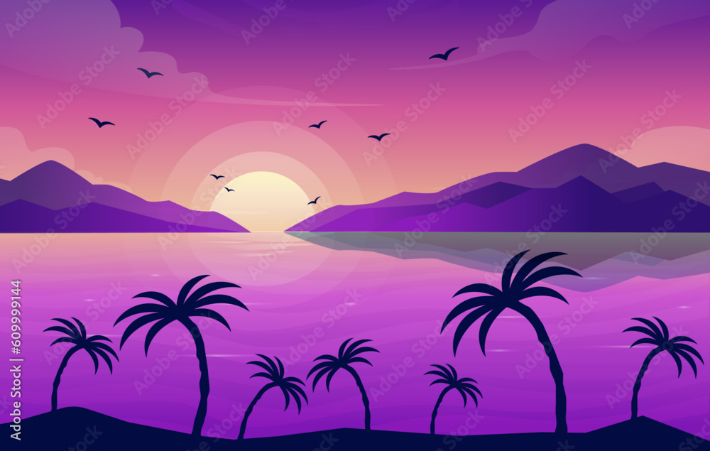gradient beach, mountain, palm landscape background