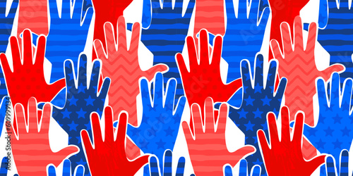 Colorful united states people crowd hands raised up seamless pattern. Red and blue color community group background for july 4th holiday or politic election concept. American vote, social event print.