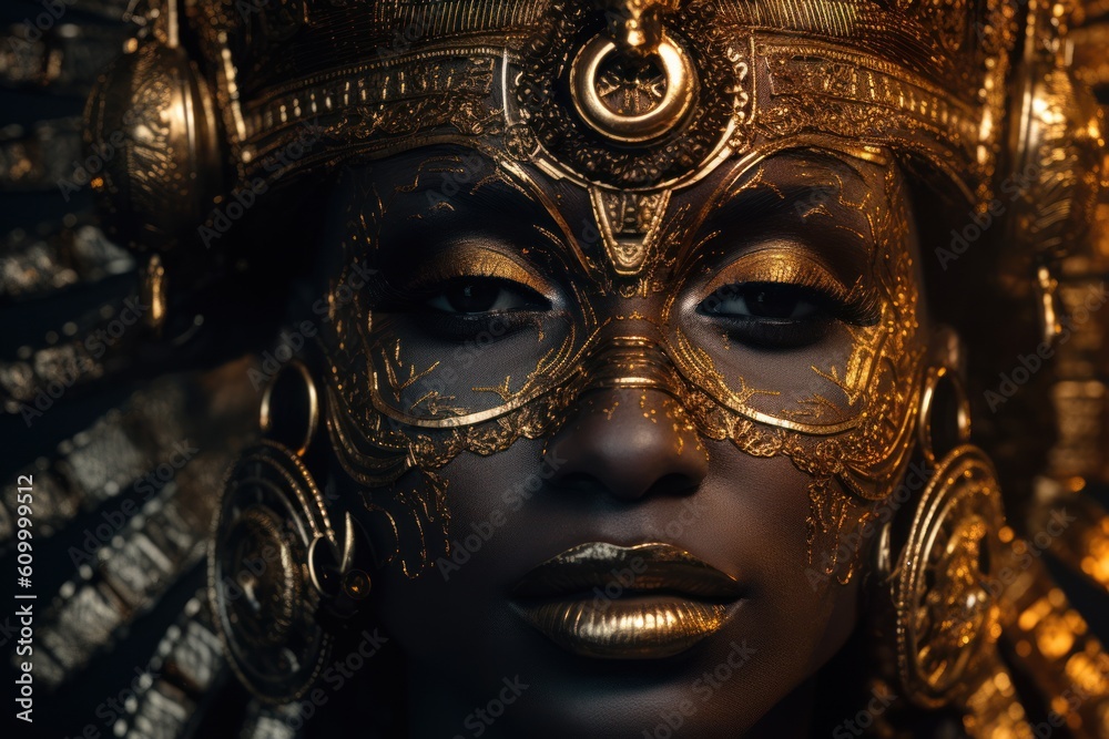 close up portrait of a beautiful african woman with golden make-up and decoration, ai generated image